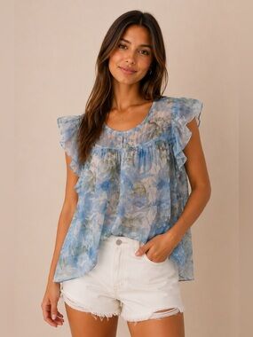 POL Floral Ruffle Semi-Sheer Sleeveless Tunic in Blue -‎ S (oversized)